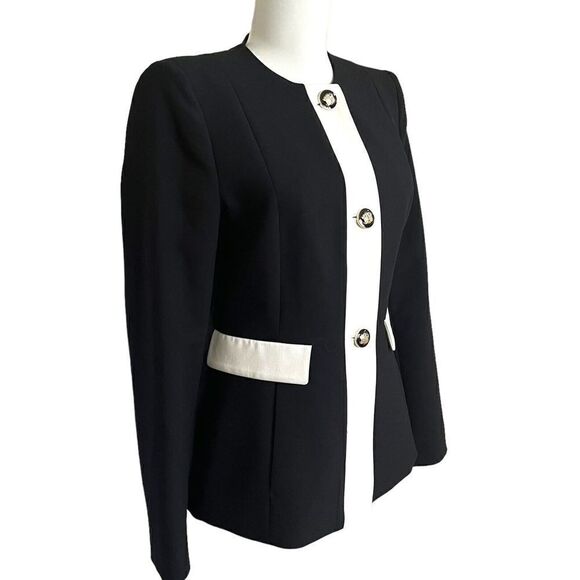 ZARA Black White Trim Blazer Gold Crest Buttons Jacket Collarless Size M Ladies - Picture 2 of 15